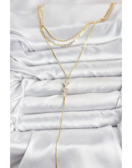 Pirinç Gold Renk Zirkon Taş Detaylı 3lü Kombin Y Kadın Kolye - Bamido