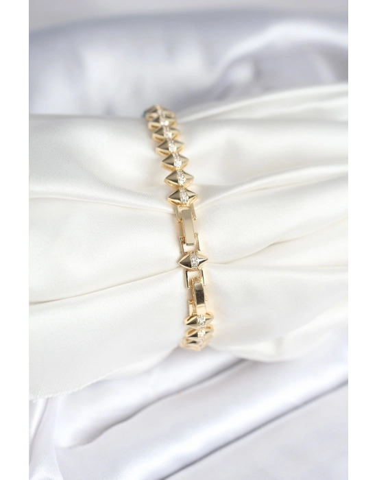 Pirinç Gold Renk Zirkon Taşlı Baklava Model Kadın Bileklik - Bamido