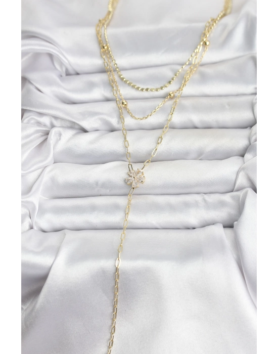 Pirinç Gold Renk Zirkon Taşlı Çiçek Model Detaylı 3lü Kombin Y Kadın Kolye - Bamido