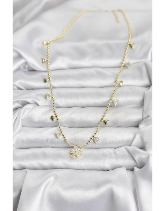 Pirinç Gold Renk Zirkon Taşlı Çiçek Model Kadın Kolye - Bamido