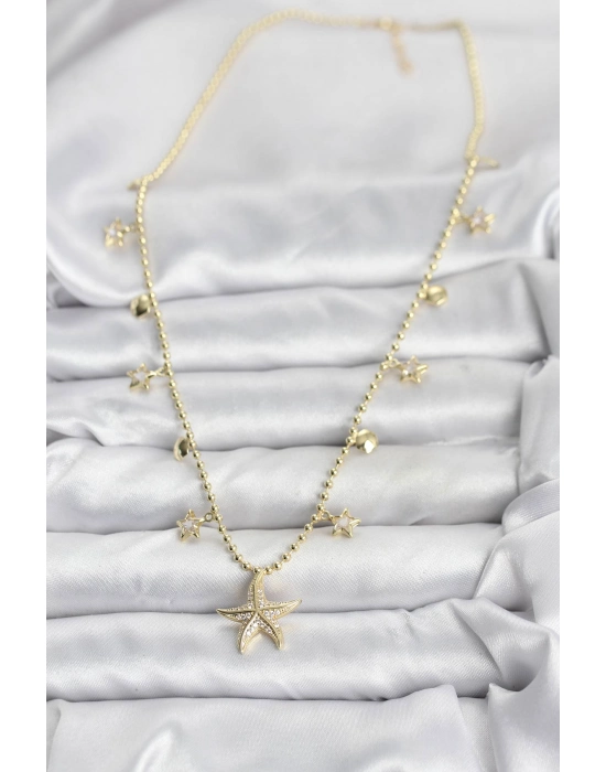 Pirinç Gold Renk Zirkon Taşlı Deniz Yıldızı Model Kadın Kolye - Bamido