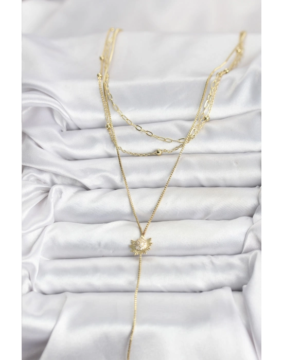 Pirinç Gold Renk Zirkon Taşlı Güneş Model Detaylı 3lü Kombin Y Kadın Kolye - Bamido