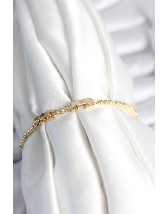 Pirinç Gold Renk Zirkon Taşlı Kalpli Model Kadın Bileklik - Bamido