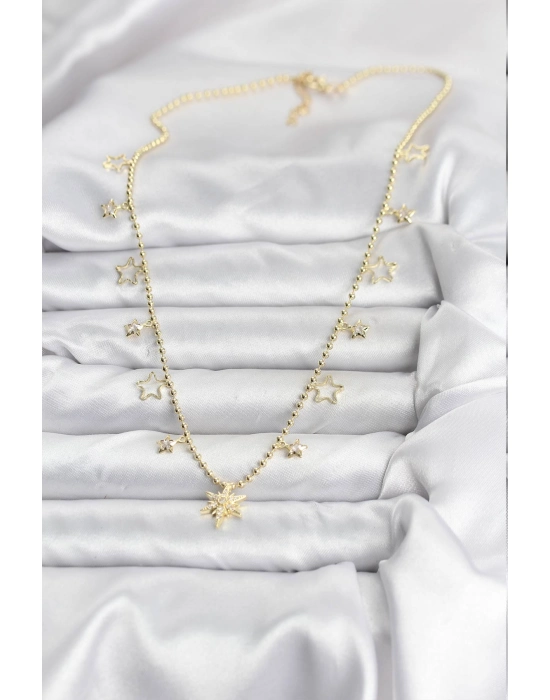 Pirinç Gold Renk Zirkon Taşlı Kutup Yıldızı Model Kadın Kolye - Bamido