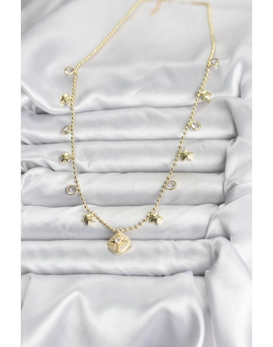 Pirinç Gold Renk Zirkon Taşlı Kutup Yıldızı Model Kadın Kolye - Bamido