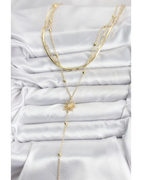 Pirinç Gold Renk Zirkon Taşlı Model Detaylı 3lü Kombin Y Kadın Kolye - Bamido