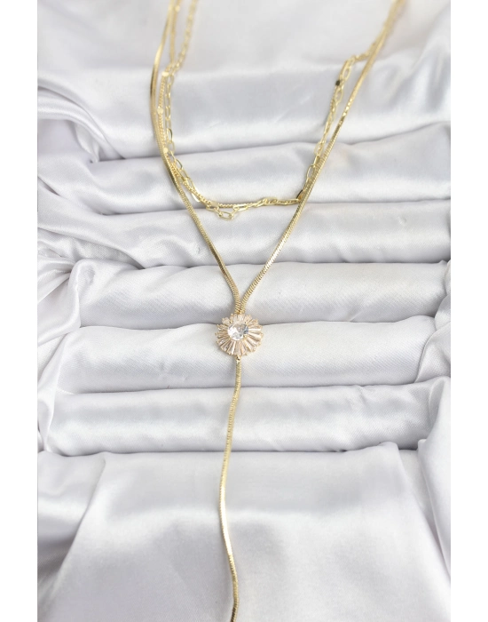 Pirinç Gold Renk Zirkon Taşlı Papatya Model Detaylı 3lü Kombin Y Kadın Kolye - Bamido