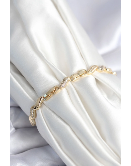 Pirinç Gold Renk Zirkon Taşlı Sarmal Model Kadın Bileklik - Bamido