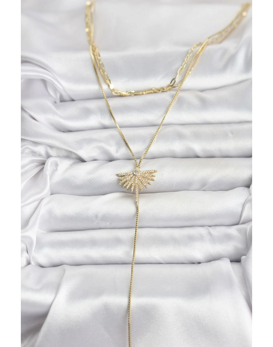 Pirinç Gold Renk Zirkon Taşlı Yelpaze Model Detaylı 3lü Kombin Y Kadın Kolye - Bamido