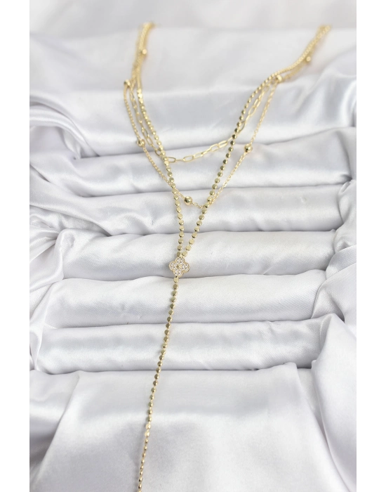 Pirinç Gold Renk Zirkon Taşlı Yonca Model Detaylı 3lü Kombin Y Kadın Kolye - Bamido