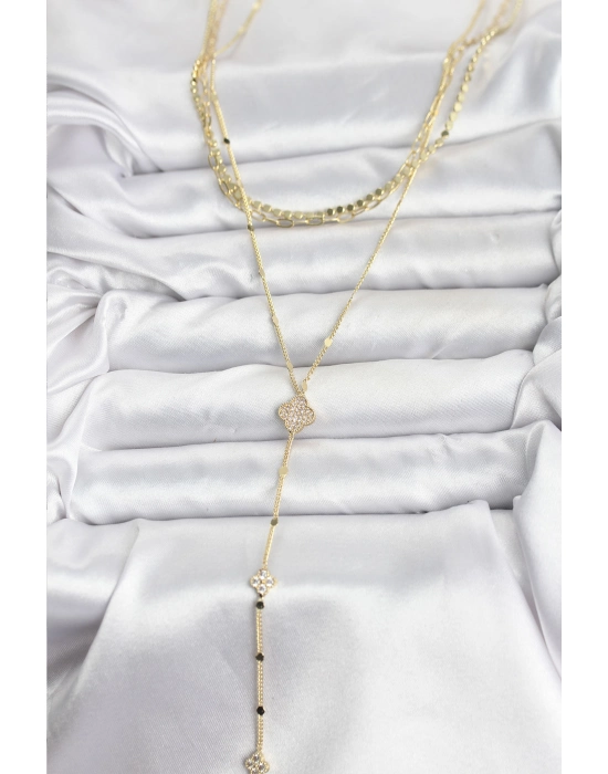 Pirinç Gold Renk Zirkon Taşlı Yoncalı Model Detaylı 3lü Kombin Y Kadın Kolye - Bamido