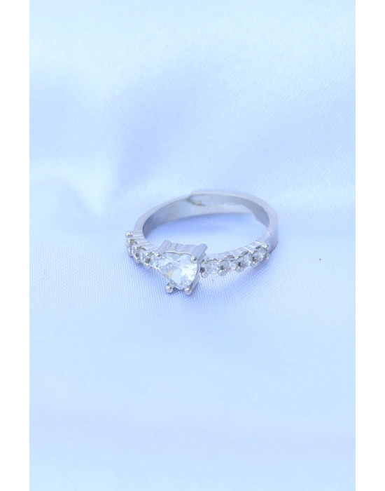 Pirinç Gümüş Renk Ayarlanabilir Zirkon Taşlı Minimal Kalp Yüzük - Bamido