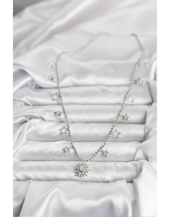 Pirinç Gümüş Renk Güneş Model Kadın Kolye - Bamido