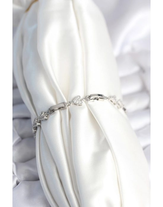 Pirinç Gümüş Renk Kalp Model Kadın Bileklik - Bamido