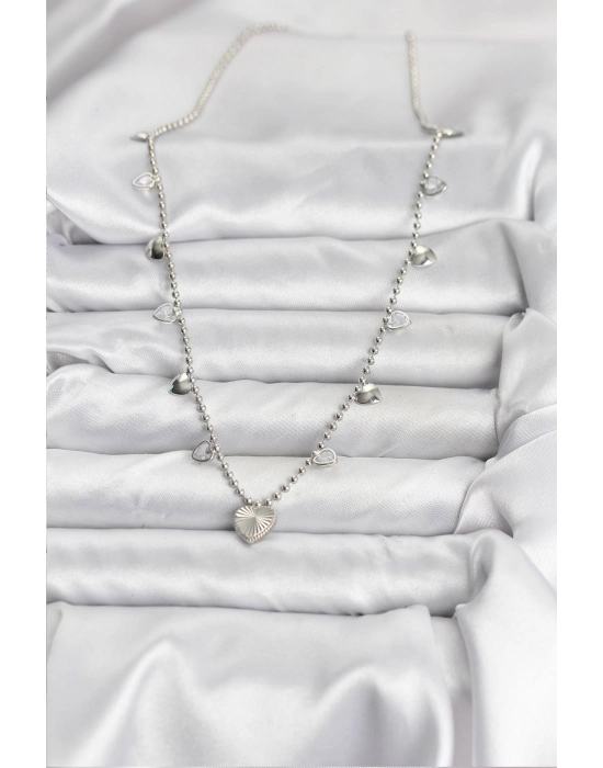 Pirinç Gümüş Renk Kalp Model Kadın Kolye - Bamido