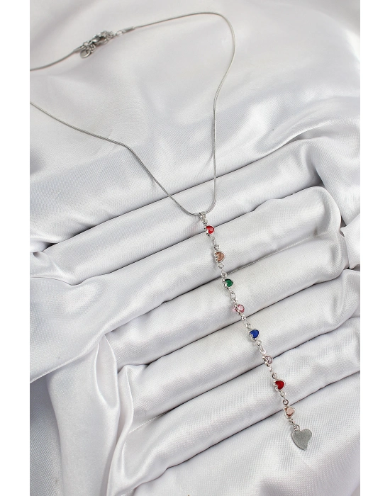 Pirinç Gümüş Renk Karışık Renk Zirkon Taşlı Kalpli Y Kadın Kolye - Bamido