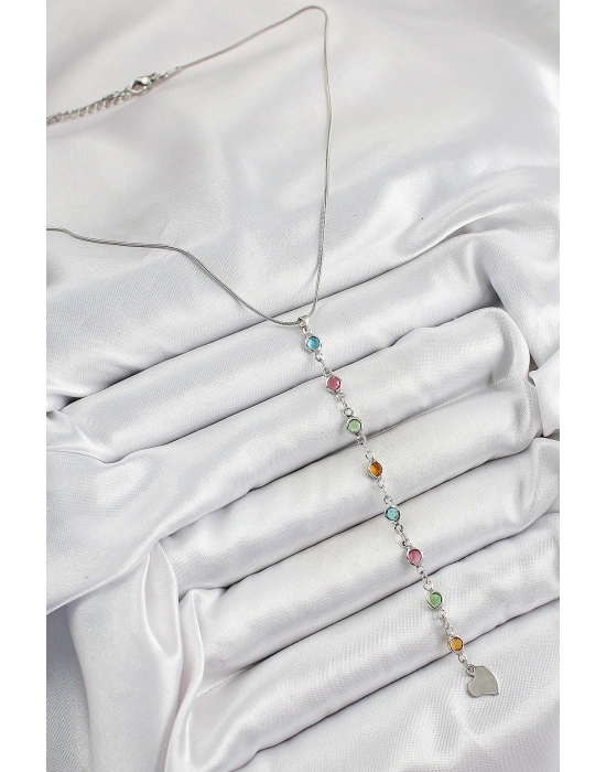 Pirinç Gümüş Renk Karışık Renk Zirkon Taşlı Y Kadın Kolye - Bamido