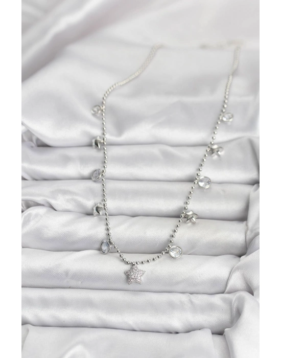 Pirinç Gümüş Renk Yıldız Model Kadın Kolye - Bamido