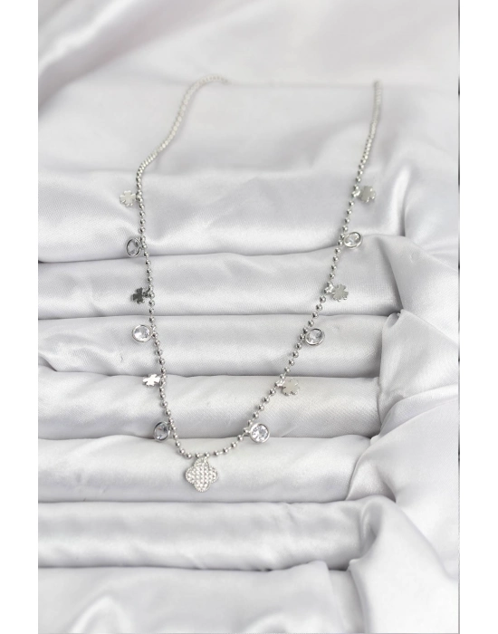 Pirinç Gümüş Renk Yonca Model Kadın Kolye - Bamido