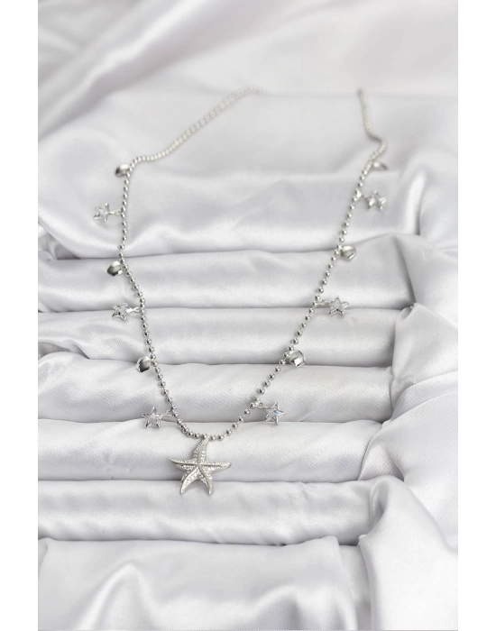 Pirinç Gümüş Renk Zirkon Taşlı Deniz Yıldızı Model Kadın Kolye - Bamido