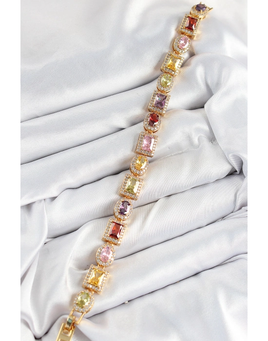 Pirinç Karışık Zirkon Taşlı Baget Model Gold Renk Vıp Seri Kadın Bileklik - Bamido