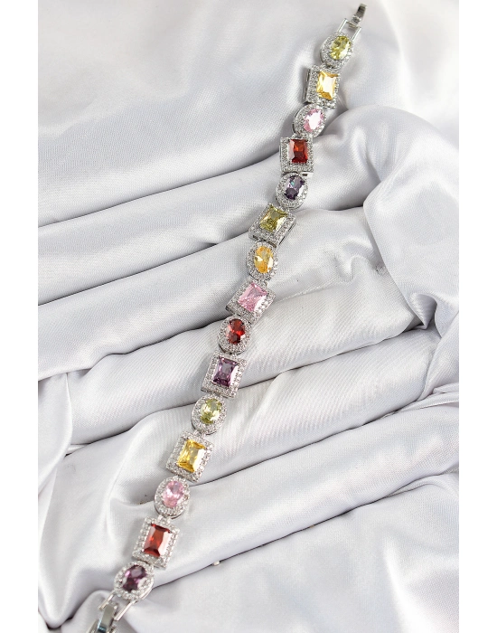 Pirinç Karışık Zirkon Taşlı Baget Model Gümüş Renk Vıp Seri Kadın Bileklik - Bamido