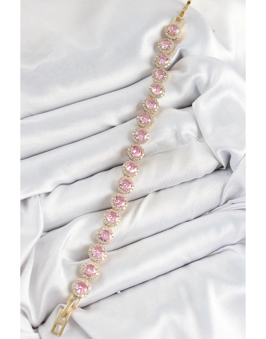 Pirinç Pembe Zirkon Taşlı Daire Baget Model Gold Renk Vıp Seri Kadın Bileklik - Bamido