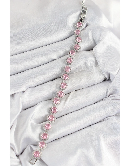 Pirinç Pembe Zirkon Taşlı Daire Baget Model Gümüş Renk Vıp Seri Kadın Bileklik - Bamido