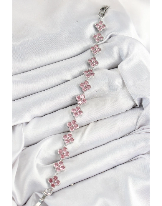 Pirinç Pembe Zirkon Taşlı Yonca Model Gümüş Renk Vıp Seri Kadın Bileklik - Bamido