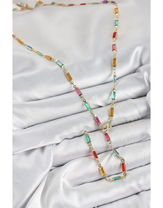 Pirinç Renkli Zirkon Taşlı Dikdörtgen Model Gold Renk Kadın Y Kolye - Bamido