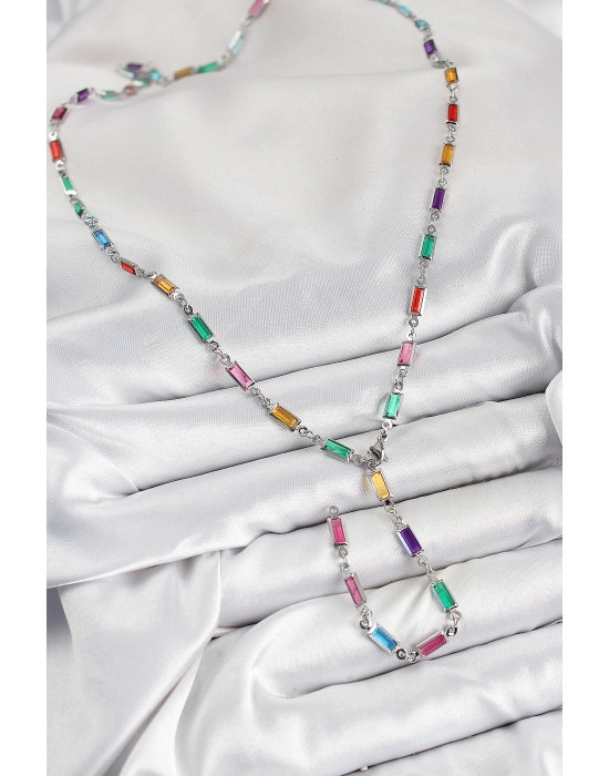 Pirinç Renkli Zirkon Taşlı Dikdörtgen Model Gümüş Renk Kadın Y Kolye - Bamido