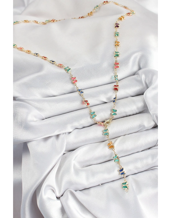 Pirinç Renkli Zirkon Taşlı Kelebek Model Gold Renk Kadın Y Kolye - Bamido