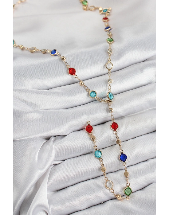 Pirinç Renkli Zirkon Taşlı Model Gold Renk Kadın Y Kolye - Bamido