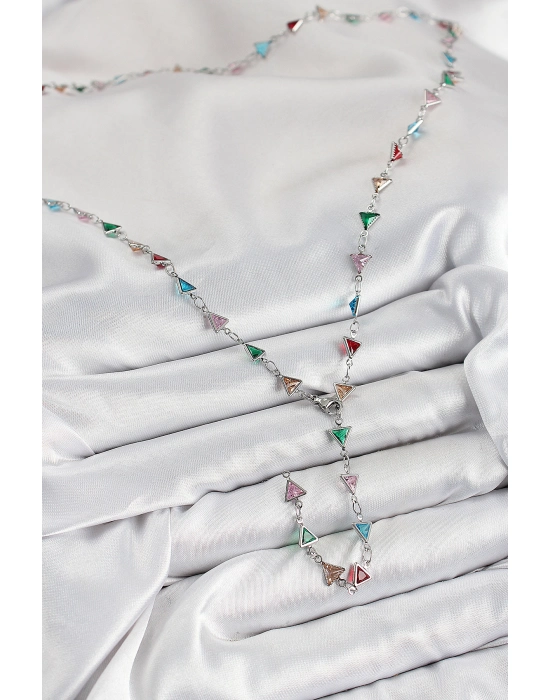 Pirinç Renkli Zirkon Taşlı Üçgen Model Gümüş Renk Kadın Y Kolye - Bamido