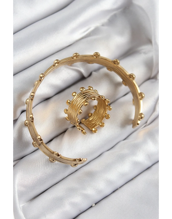 Pirinç Topcuk Model Gold Renk Bileklik Yüzük Set - Bamido