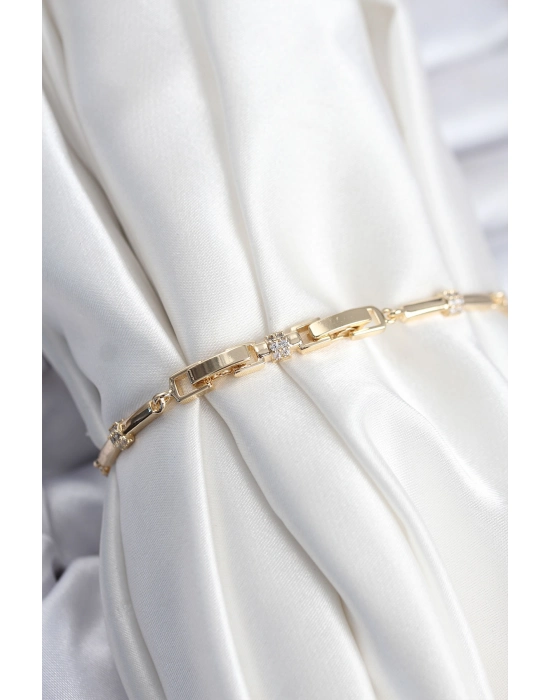 Pirinç Vıp Seri Gold Renk Parçalı Model Zirkon Taşlı Kadın Bileklik - Bamido