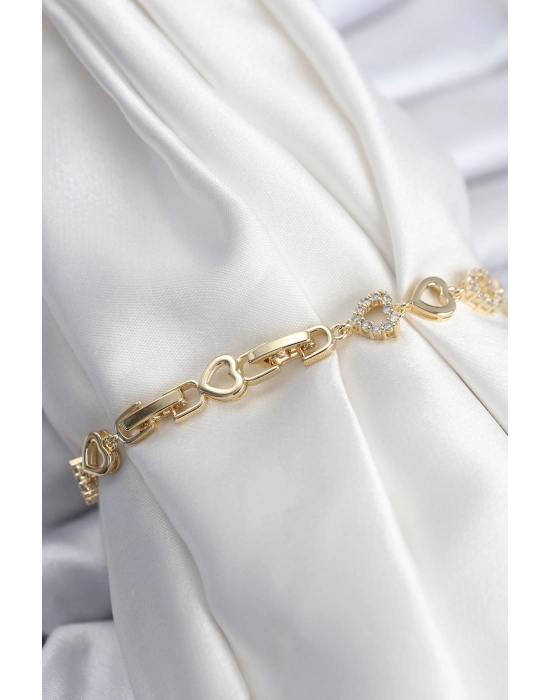 Pirinç Vıp Seri Gold Renk Sıralı Kalp Model Kadın Bileklik - Bamido