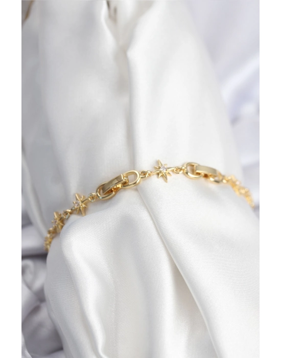 Pirinç Vıp Seri Gold Renk Sıralı Kutup Yıldızı Kadın Bileklik - Bamido