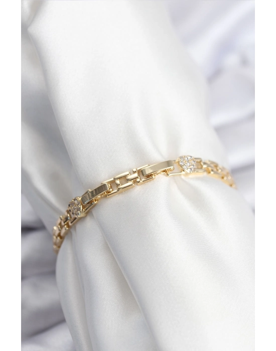 Pirinç Vıp Seri Gold Renk Zincir Model Kalpli Zirkon Taşlı Kadın Bileklik - Bamido