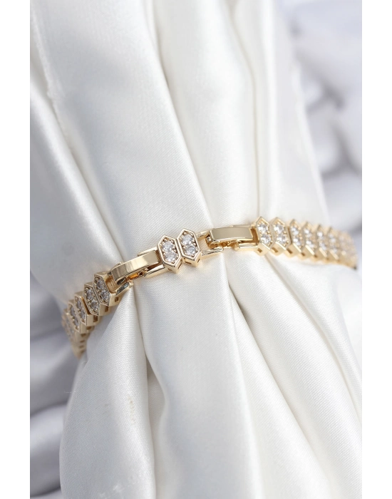 Pirinç Vıp Seri Gold Renk Zirkon Taşlı Kadın Bileklik - Bamido