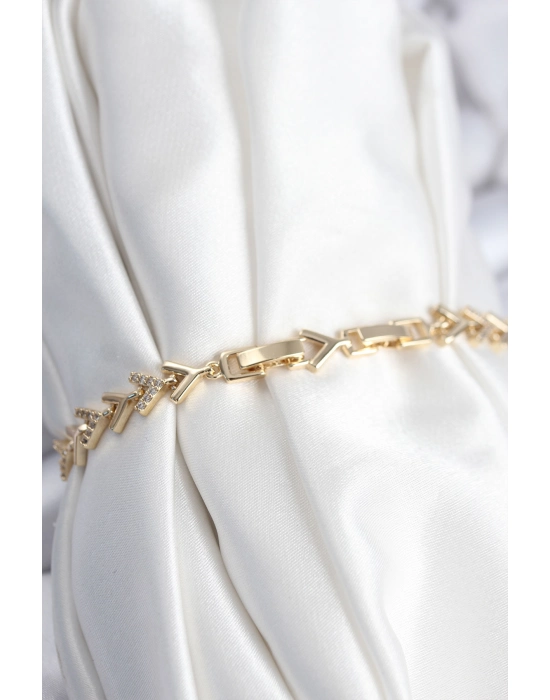 Pirinç Vıp Seri Gold Zirkon Taşlı Balık Sırtı Model Kadın Bileklik - Bamido