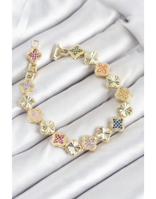 Pirinç Vıp Seri Yonca Zirkon Taşlı Kadın Bileklik - Bamido