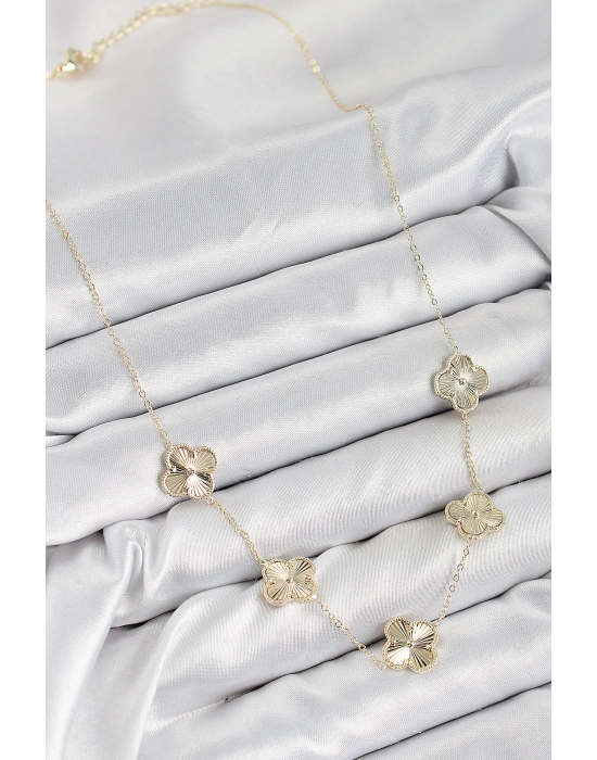 Pirinç Vıp Yonca Model Gold Renk Kadın Kolye - Bamido