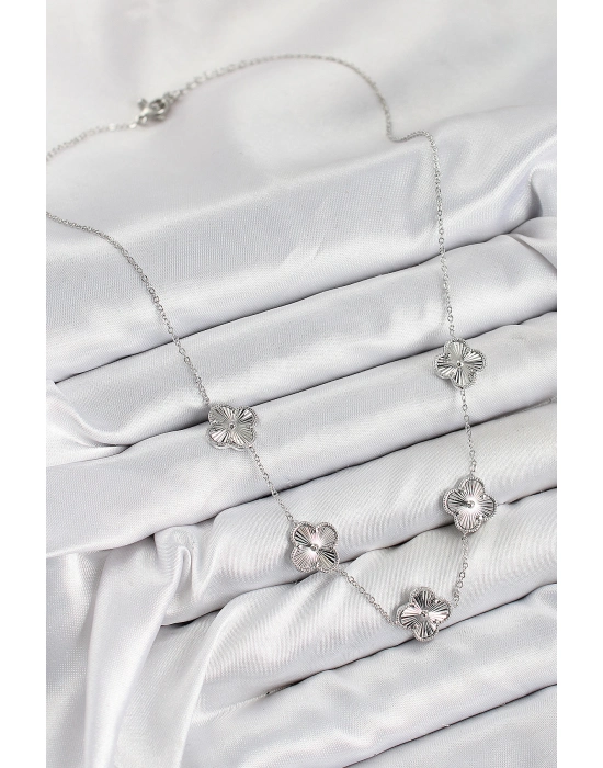 Pirinç Vıp Yonca Model Gümüş Renk Kadın Kolye - Bamido