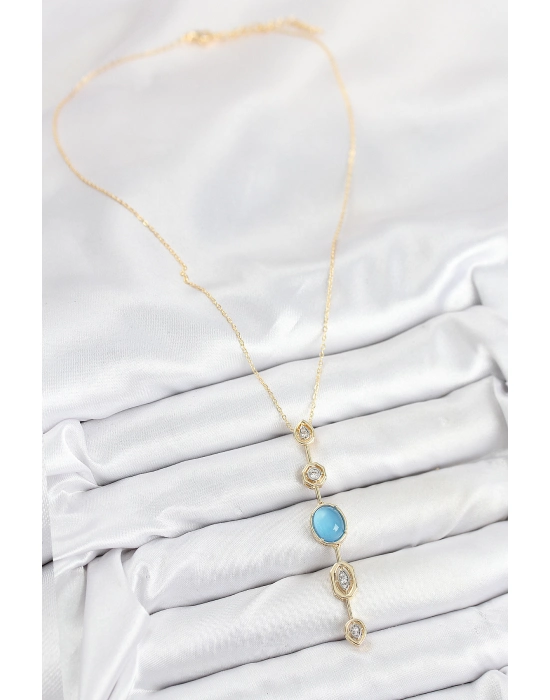 Pirinç Zincir Mavi Gold Renk Zirkon Taşlı Y Kolye - Bamido