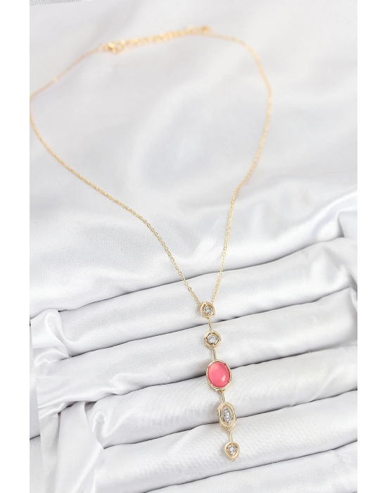 Pirinç Zincir Pembe Gold Renk Zirkon Taşlı Y Kolye - Bamido