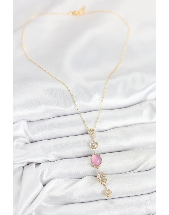Pirinç Zincir Pembe Gold Renk Zirkon Taşlı Y Kolye - Bamido