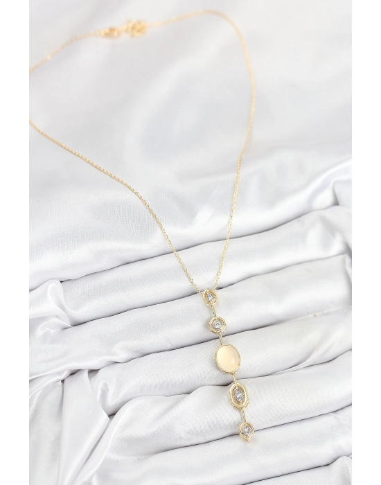 Pirinç Zincir Sarı Gold Renk Zirkon Taşlı Y Kolye - Bamido