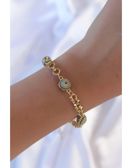 Pirinç Zincir Vip Seri Altın Renk Zirkon Taşlı Nazarlı Bileklik - Bamido