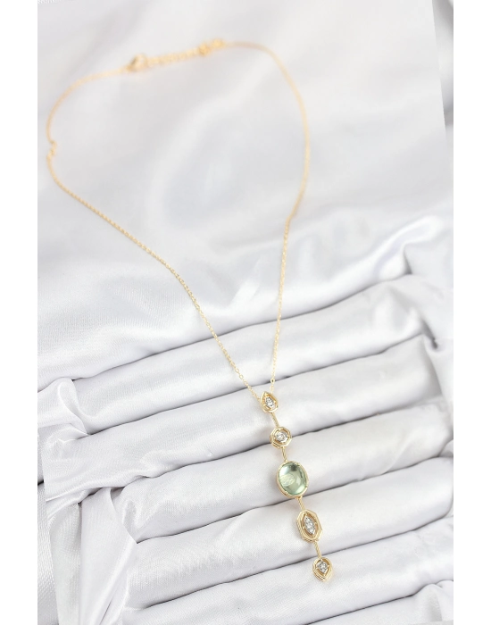 Pirinç Zincir Yeşil Gold Renk Zirkon Taşlı Y Kolye - Bamido